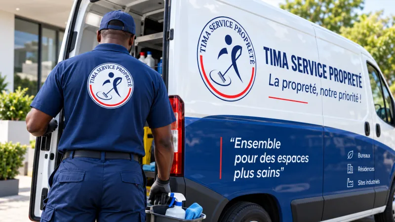 Technicien de Tima Service Propreté devant le véhicule de l'entreprise, prêt pour une intervention