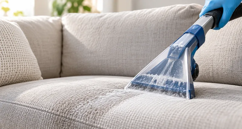 Nettoyage d'un canapé en tissu clair avec un injecteur-extracteur