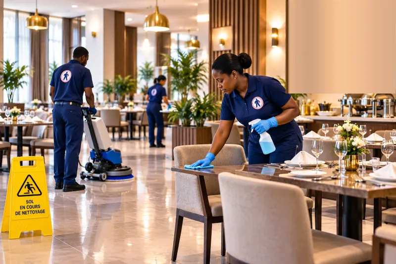 Agents d'entretien nettoyant la salle d'un restaurant d'hôtel